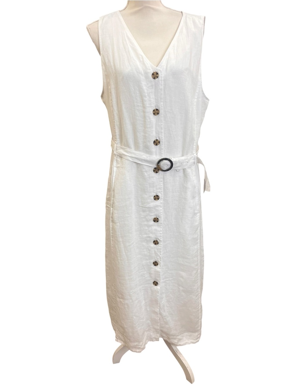 Talbots White 100% Linen Button Front Belted Midi Dress Size 16 Lined Pockets - Picture 2 of 12
